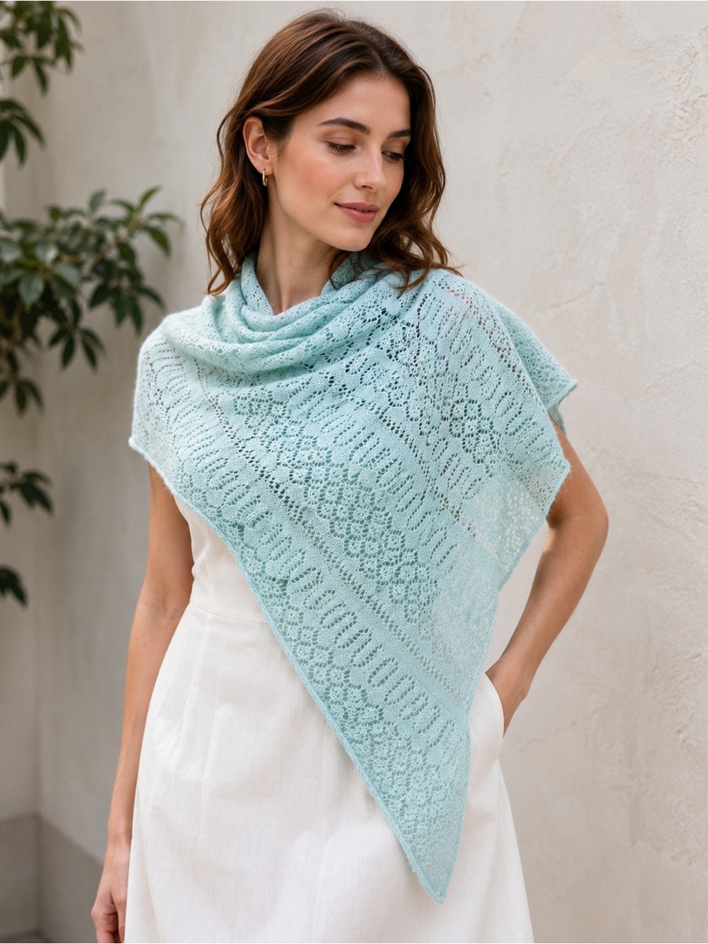 Trimingham's Bermuda Wool Lace Knit Triangle Shawl Scarf Mint Blue Vintage